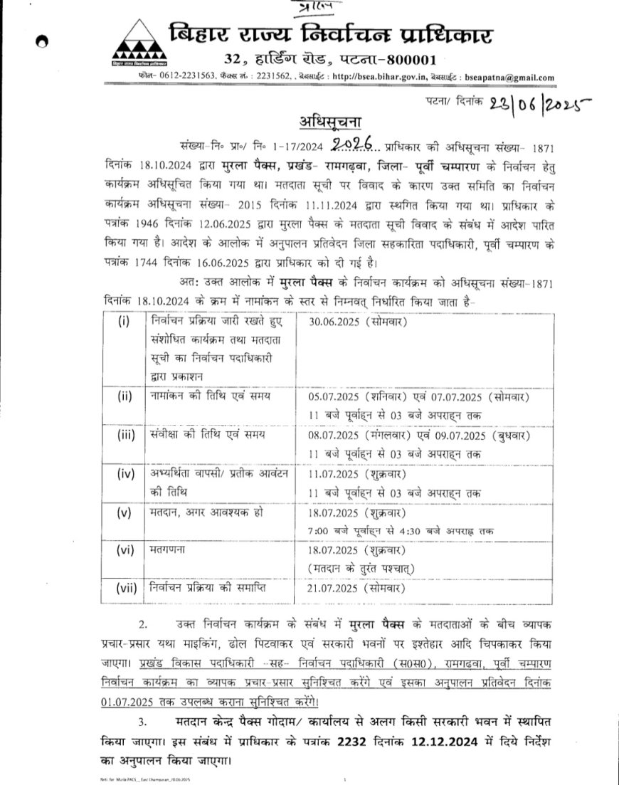 रामगढ़वा। मुरला पैक्स चुनाव व मतगणना की तिथि हुआ जारी,एक से अधिक प्रत्याशी होने पर होगी चुनाव की प्रक्रिया