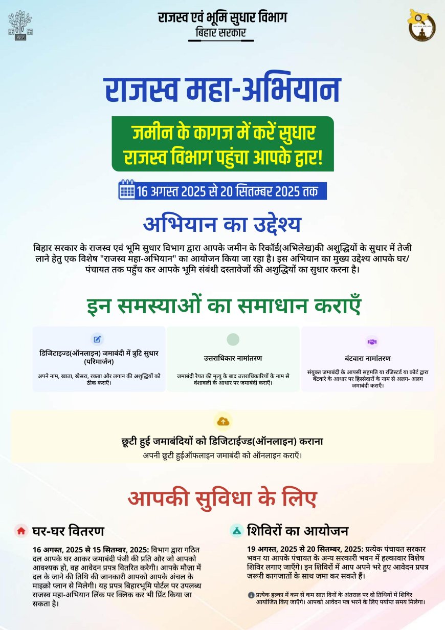 लौरिया:  राजस्व विभाग पहुँचा आपके द्वार: जमीन के कागज़ों में सुधार हेतु बिहार सरकार का ‘राजस्व महा-अभियान’ शुरू, पंचायतवार शिविर स्थलों को देखें